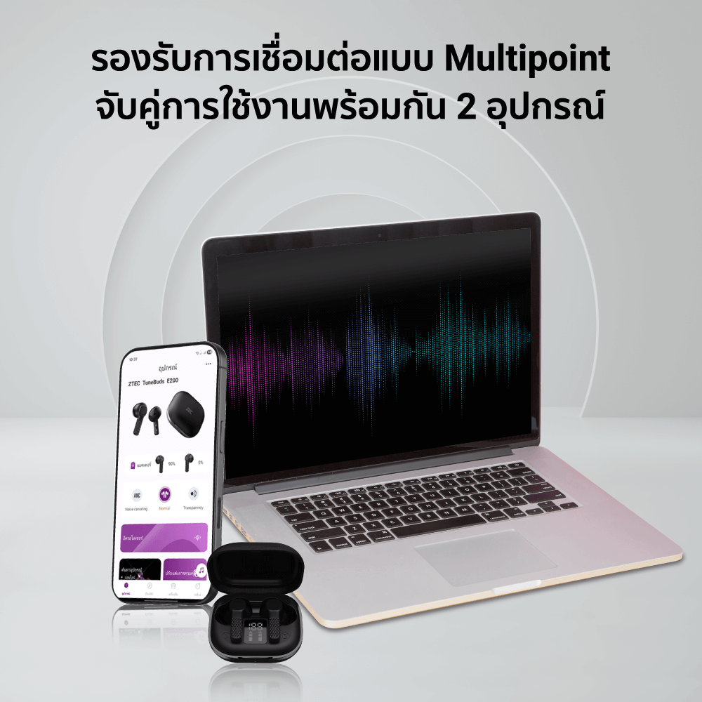 หูฟังไร้สาย ZTEC TUNE BUDS E200 ANC EARBUDS -25DB 6 ไมโครโฟน มี GAME MODE 40MS แบตเตอรี่ 28 ชม.